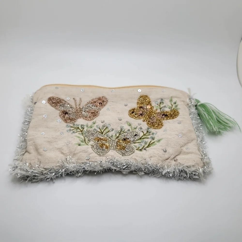 Fringe Beaded Sequins Tassle Cream Makeup Bag or Clutch Metallic Cotton Linen